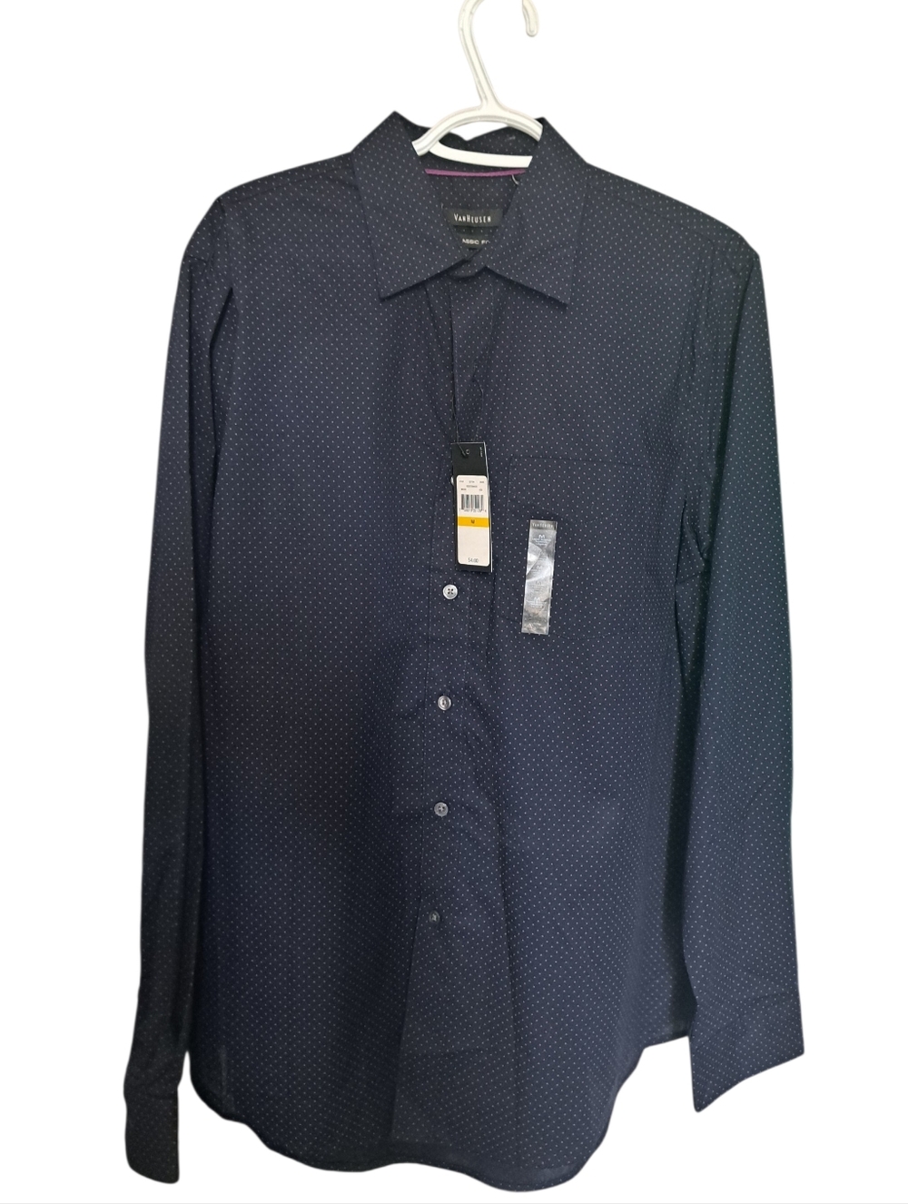 VAN HEUSEN classic fit shirt midnight blue tiny pink polka dots wrinkle free Med